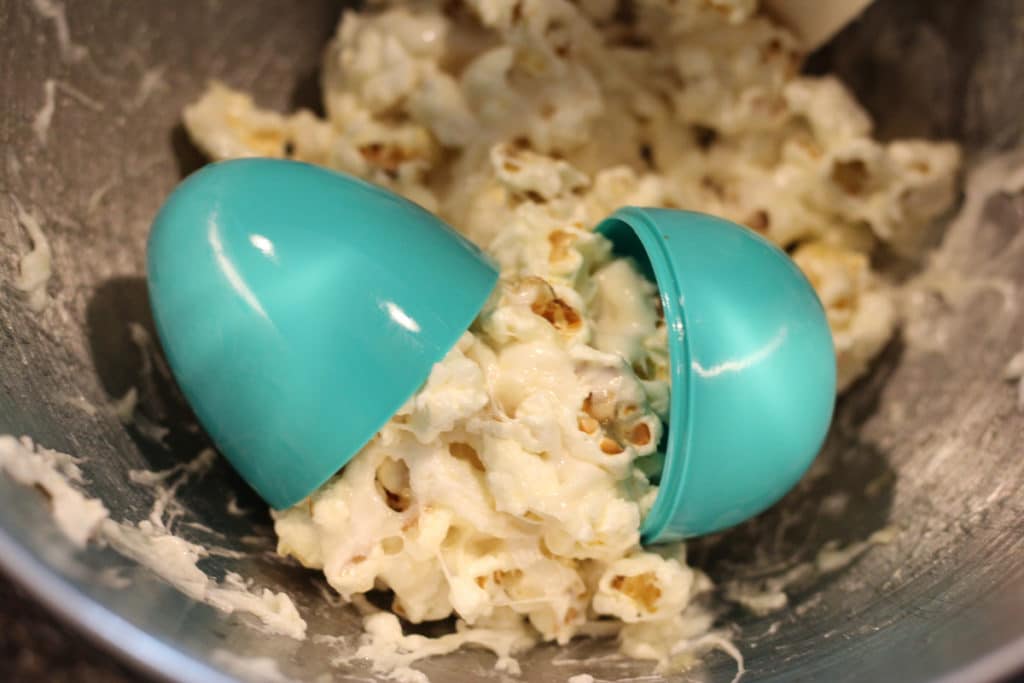 Use your Plastic Egg as a mold for the Popcorn or Rice Krispy Treat